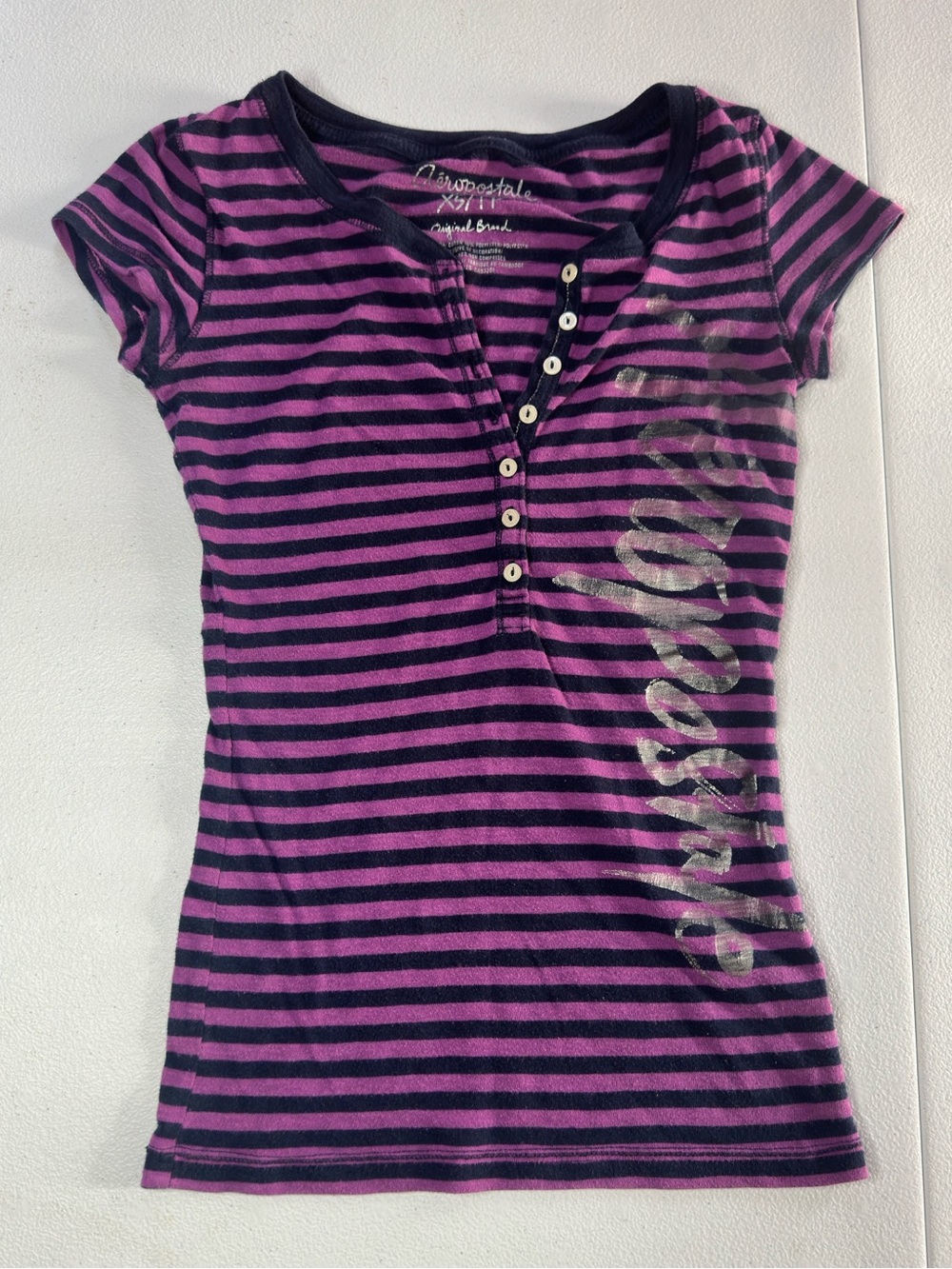 Aeropostale Vintage Y2K Purple and Black Striped Henley Baby Tee